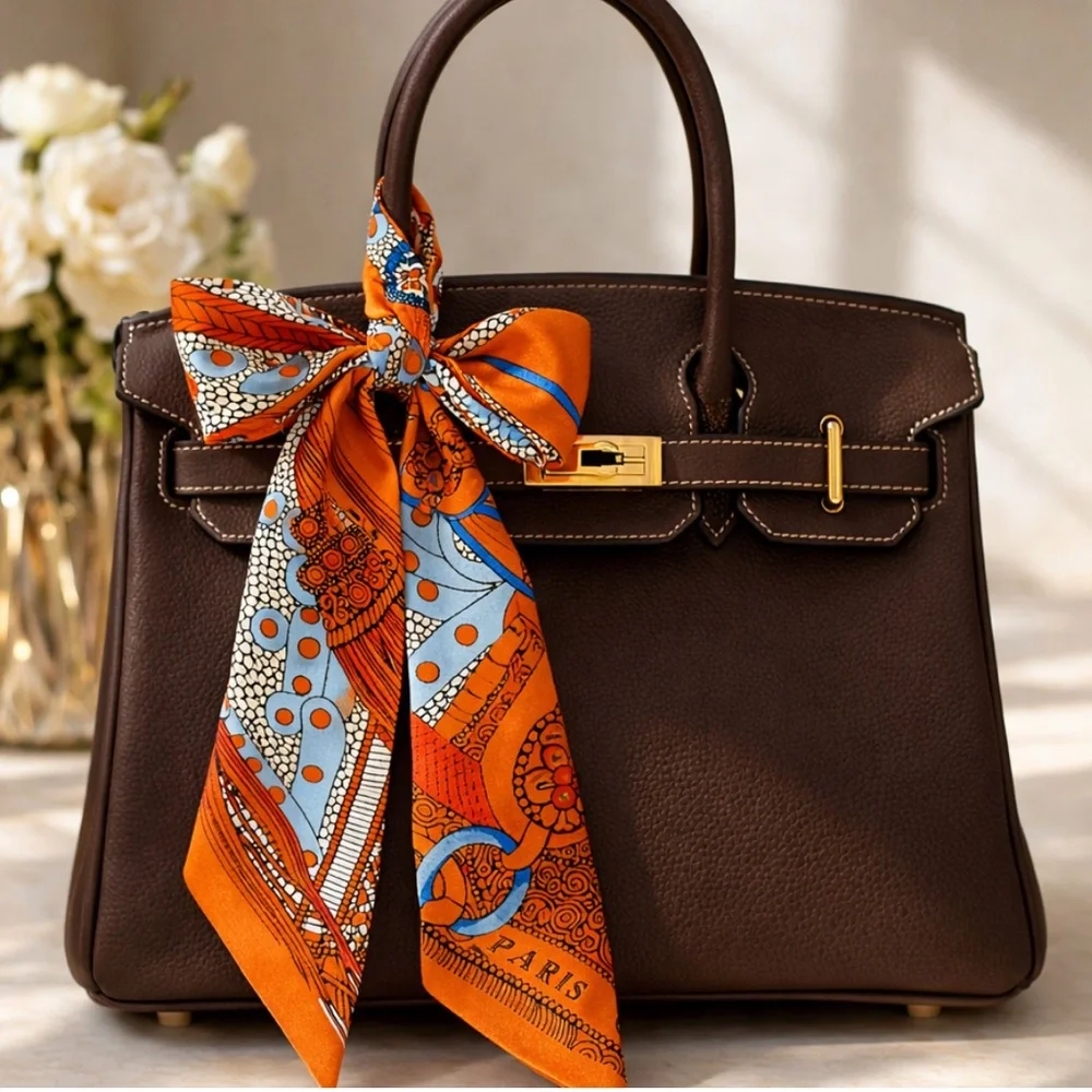 PARIS EQUESTRIAN SKINNY SCARF BAG HANDLE WRAP BANDEAU PURSE RIBBON TIE ORANGE